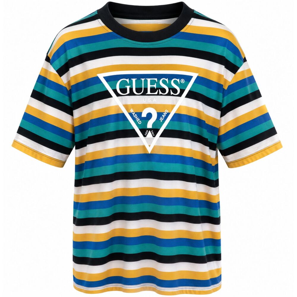 Guess Vista Big Logo Striped T-Shirt Tee Mens L Blue Black Yellow Y2K Jeans EUC
